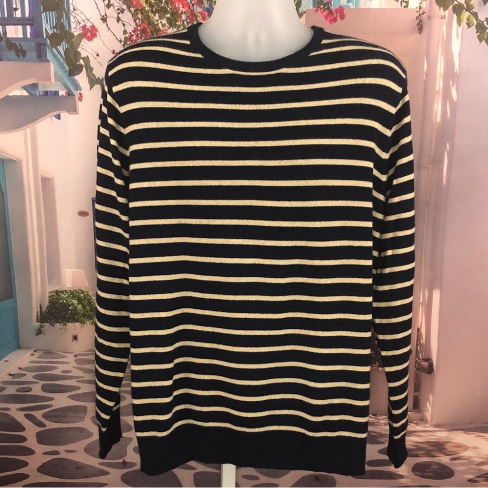 J. Crew 100% Cashmere Navy Blue and Cream Striped Crewneck Sweater